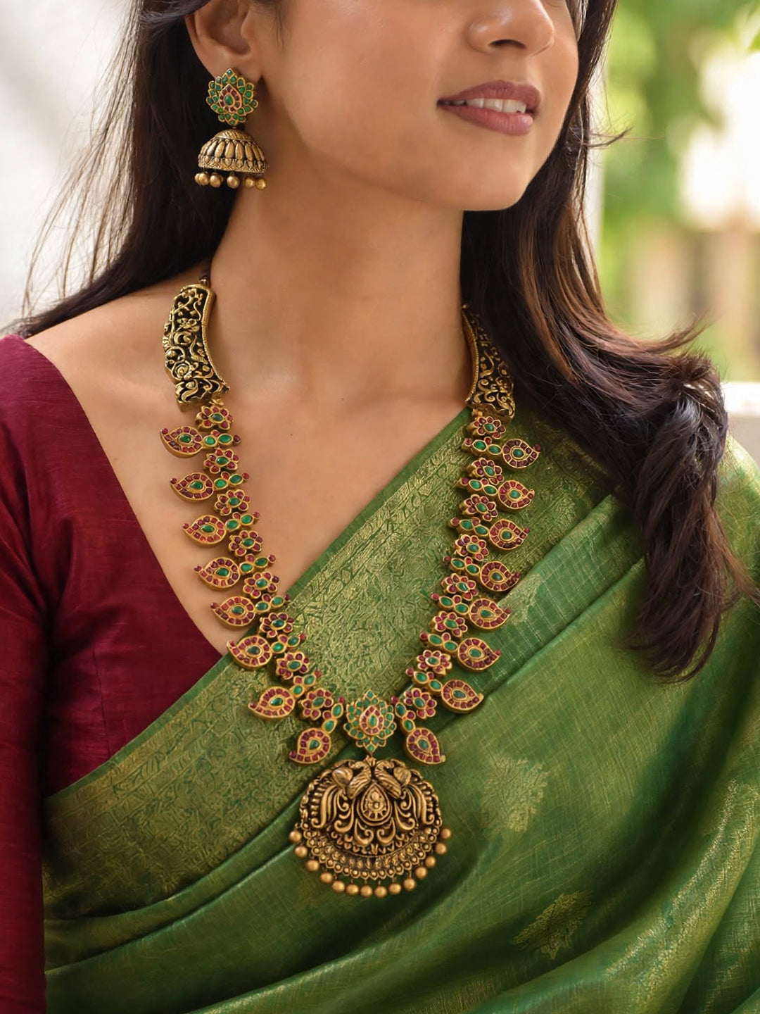 Amrapiccha — Mango Design Peacock Antique Gold Red Green Haram Temple Handmade Terracotta Necklace Set