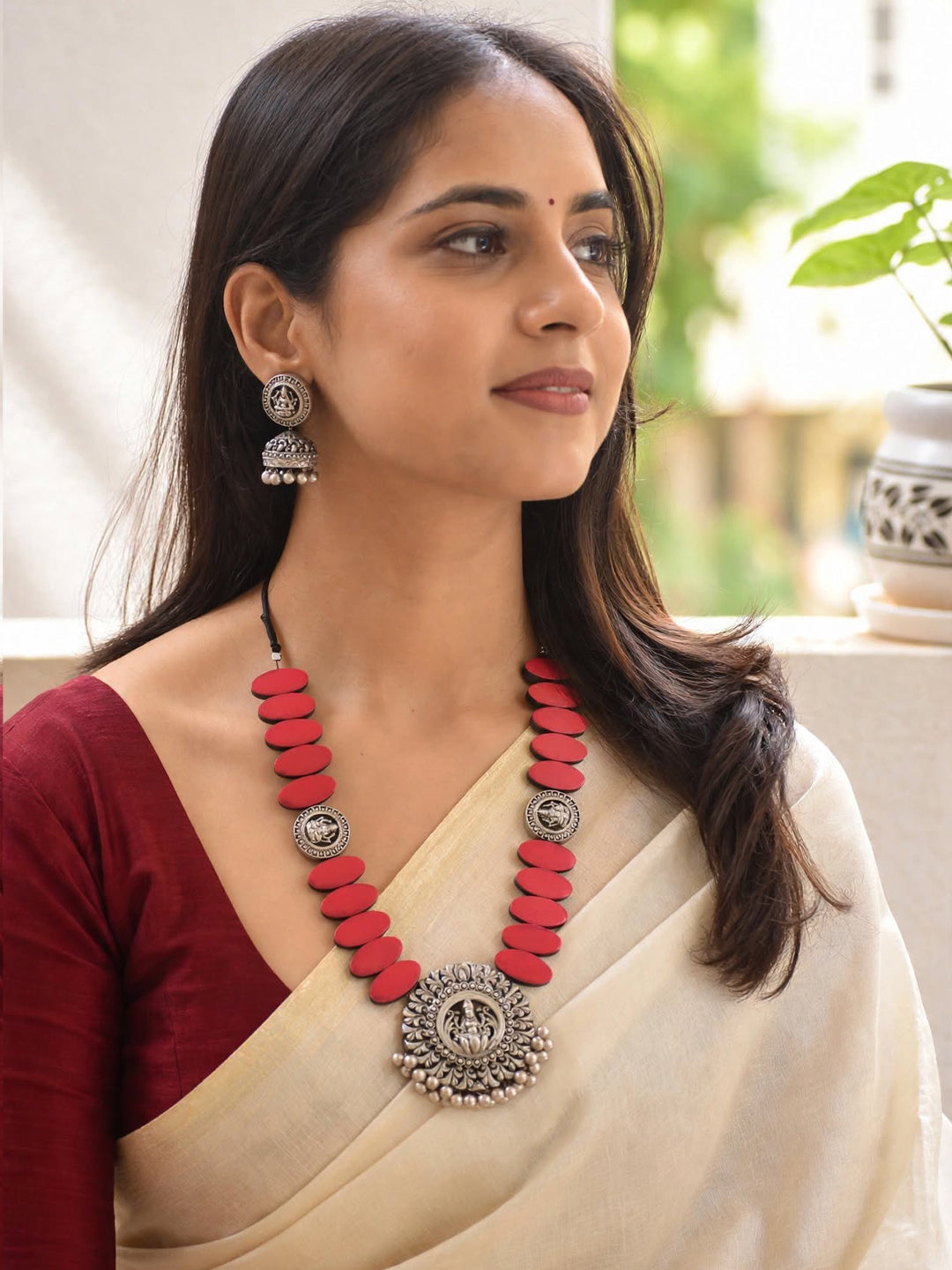 Pink Silver Oval Shape Pattern Lakshmi Design Temple Haram Style Handmade Terracotta Necklace Set