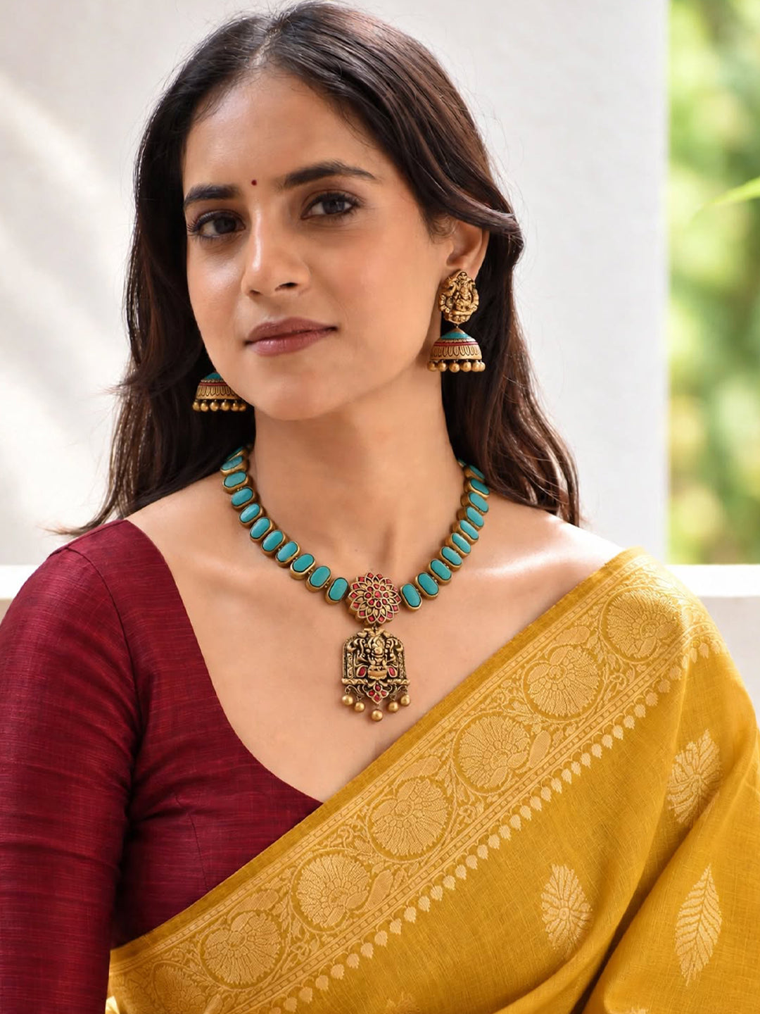 Turqoise Blue Antique Gold Red Lakshmi Design Haram Style Handmade Terracotta Necklace Set