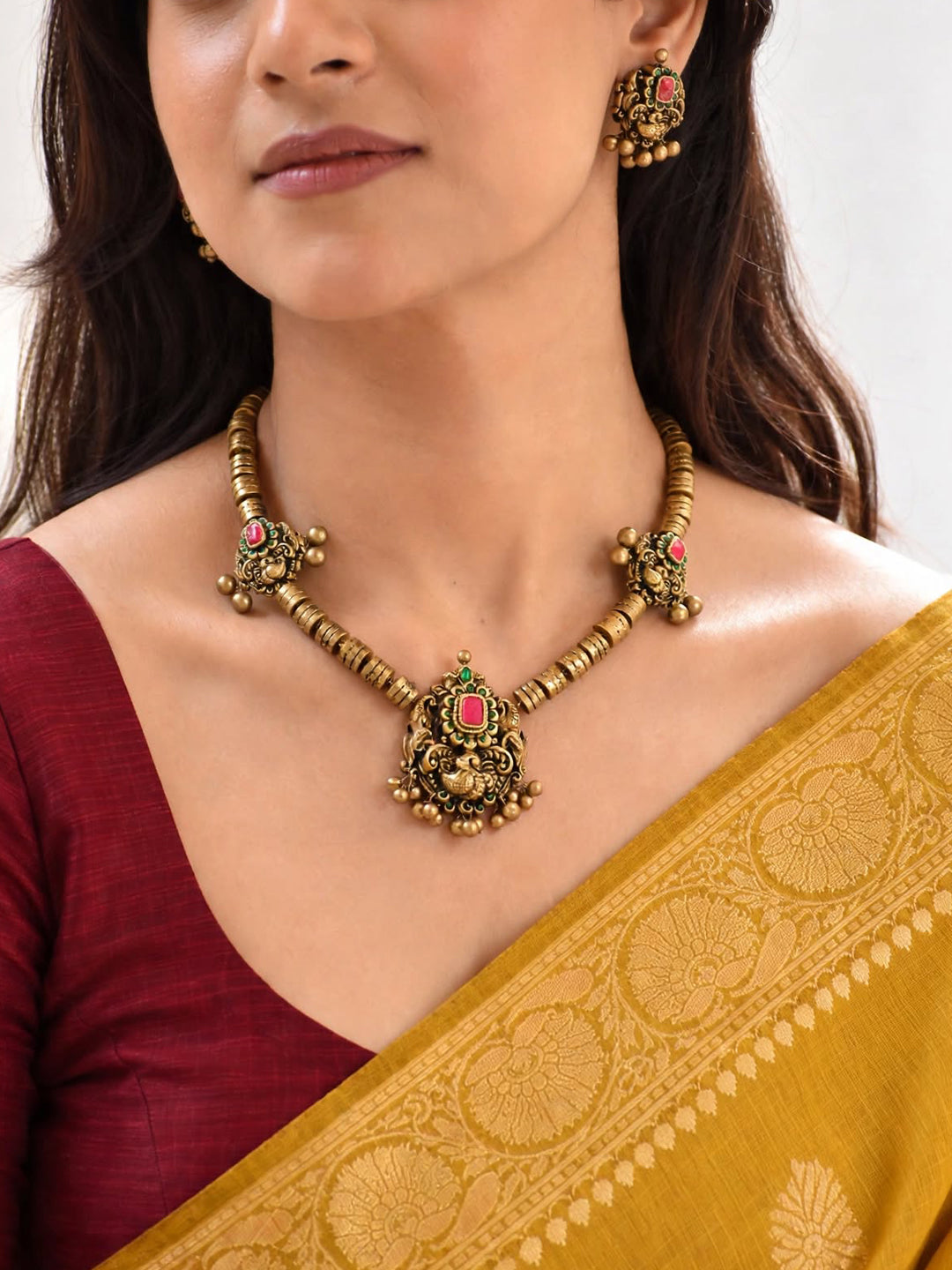 Pink Green Antique Gold Cylindrical Tube Design Peacock Handmade Terracotta Necklace Set