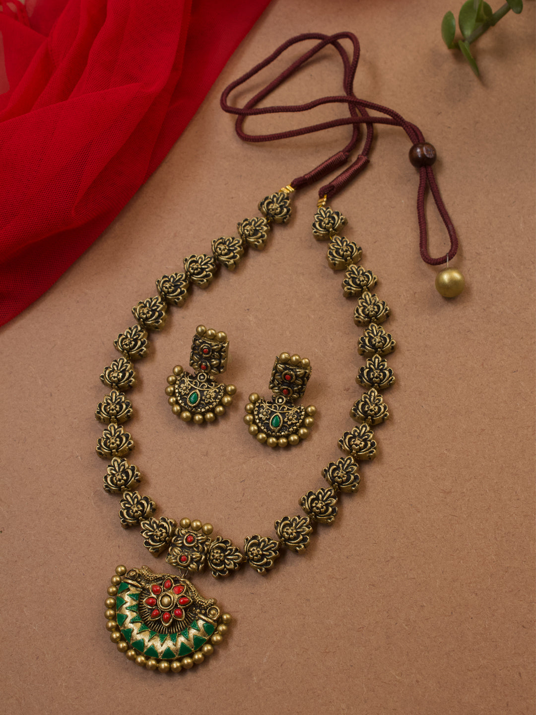 Antique Gold Red Green Floral Filigree Design Handmade Terracotta Necklace Set