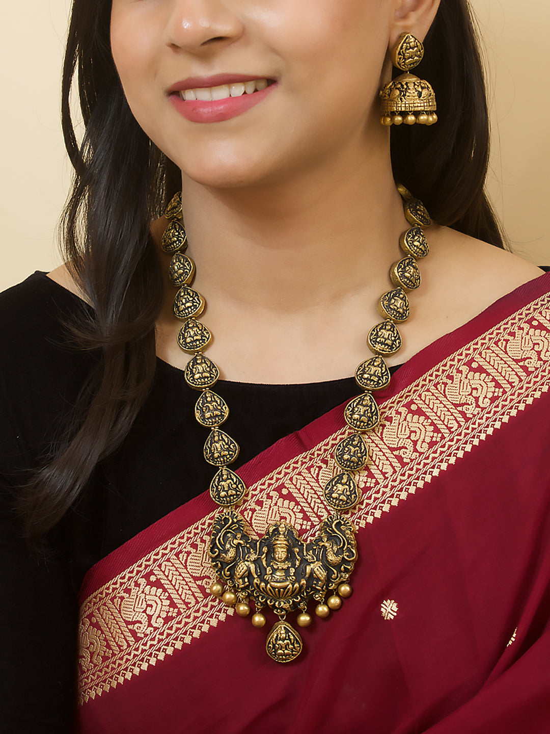 Antique Gold Lakshmi Design Long Haram Handmade Terracotta Necklace Set