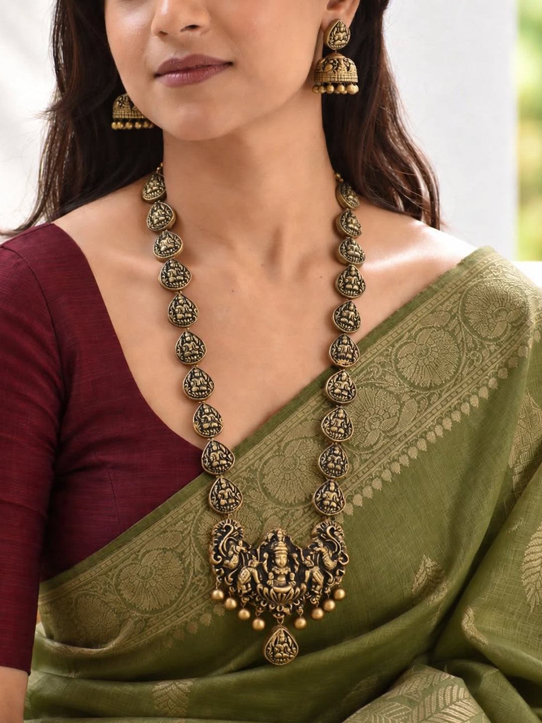 Antique Gold Lakshmi Design Long Haram Handmade Terracotta Necklace Set
