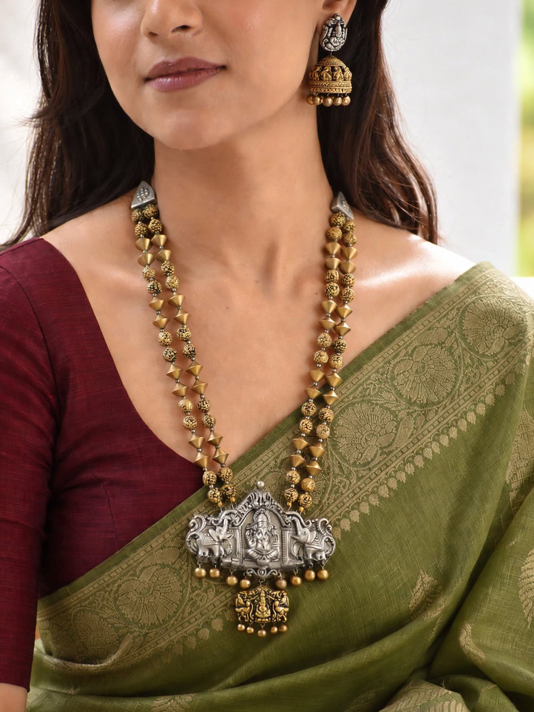 Silver Antique Gold Dual Tone Ganesha Design Long Haram Terracotta Necklace Set