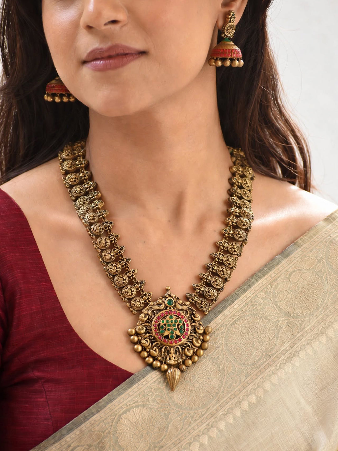 Antique Gold Red Green Peacock Lakshmi Filigree Pattern Design Handmade Terracotta Necklace Set