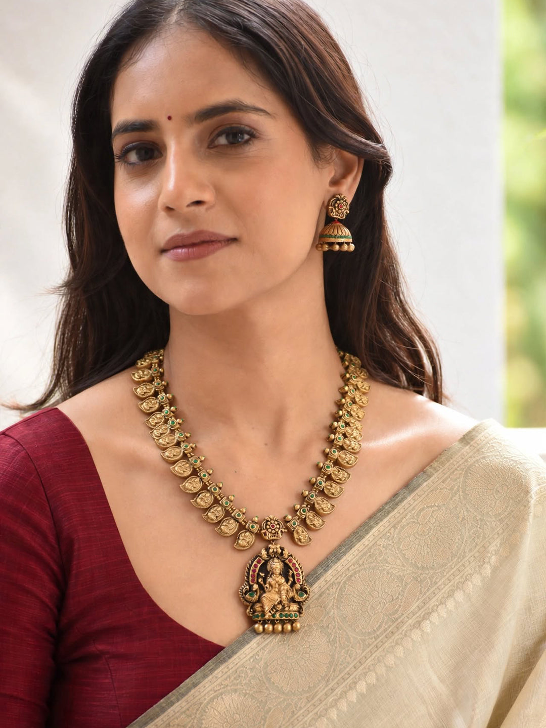 Antique Gold Red Green Mango Lakshmi Design Handmade Terracotta Necklace Set