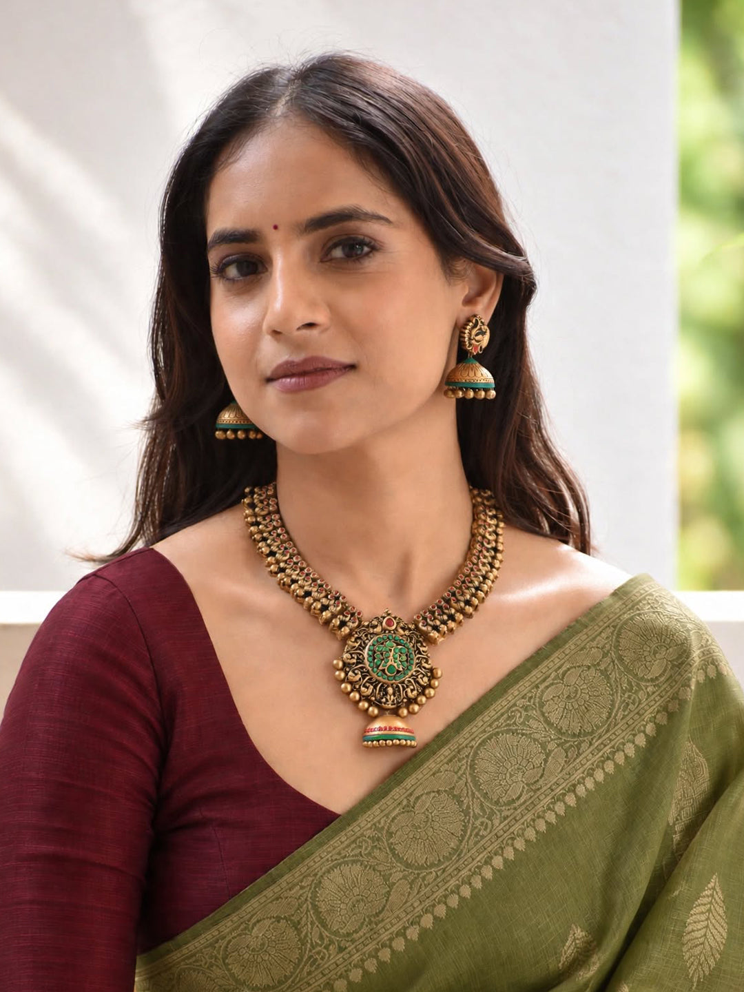 Antique Gold Red Green Pear Shape Jhumka Pendant Fringe Pattern Lakshmi Peacock Design Handmade Terracotta Necklace Set