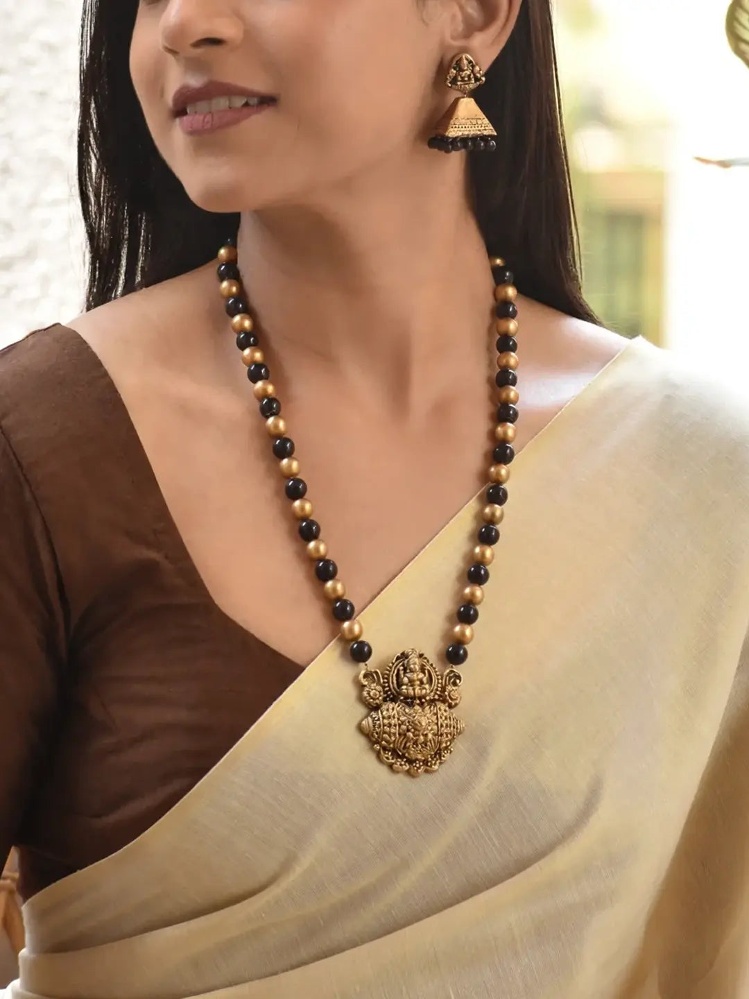 Handmade Temple Pendant Terracotta Jewellery Set in Black & Antique Gold Finish