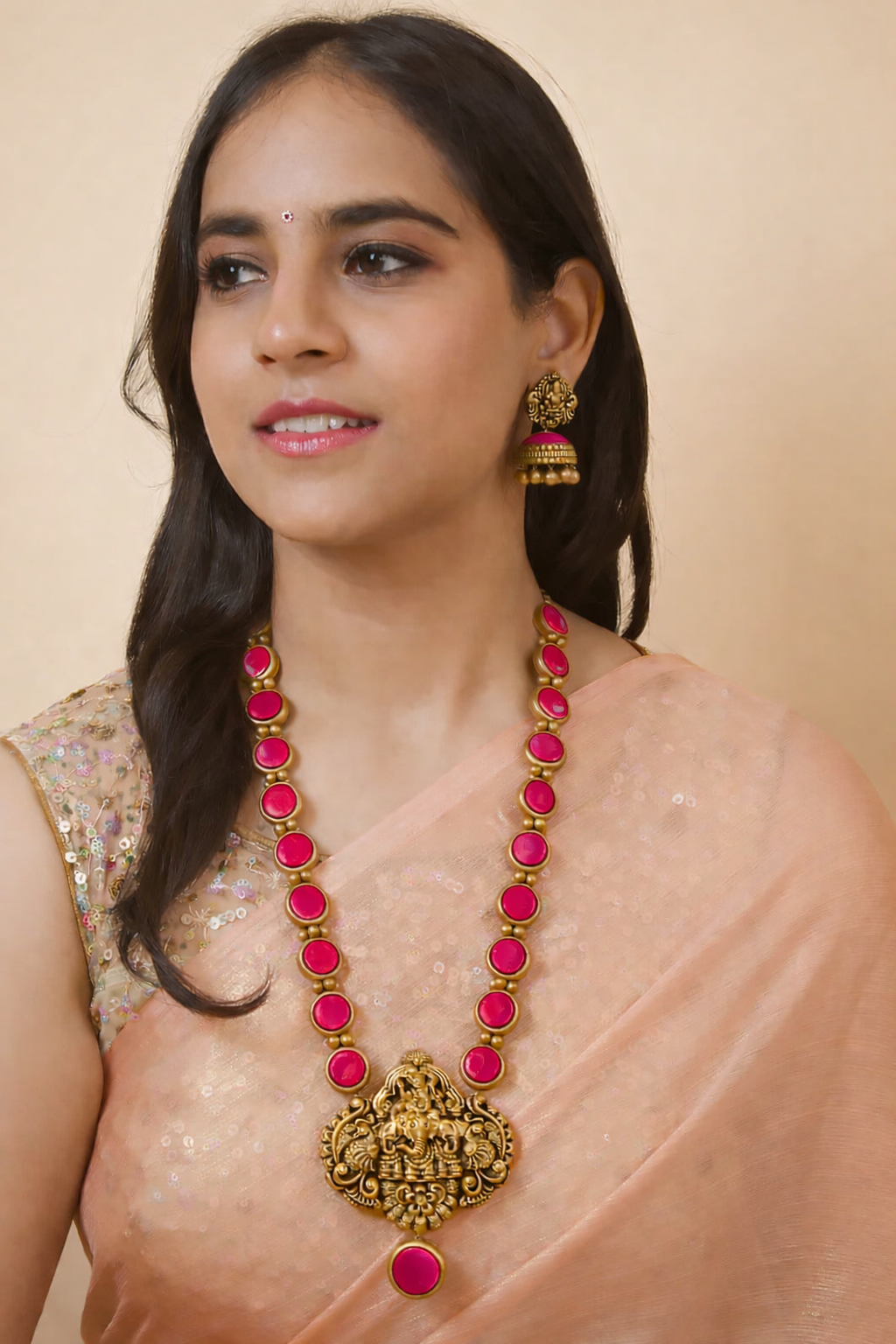 Phalachandra Mandala — Raani Pink and Antique Gold Circular Pattern Ganesha Pendant Design Temple Long Handmade Terracotta Necklace Set