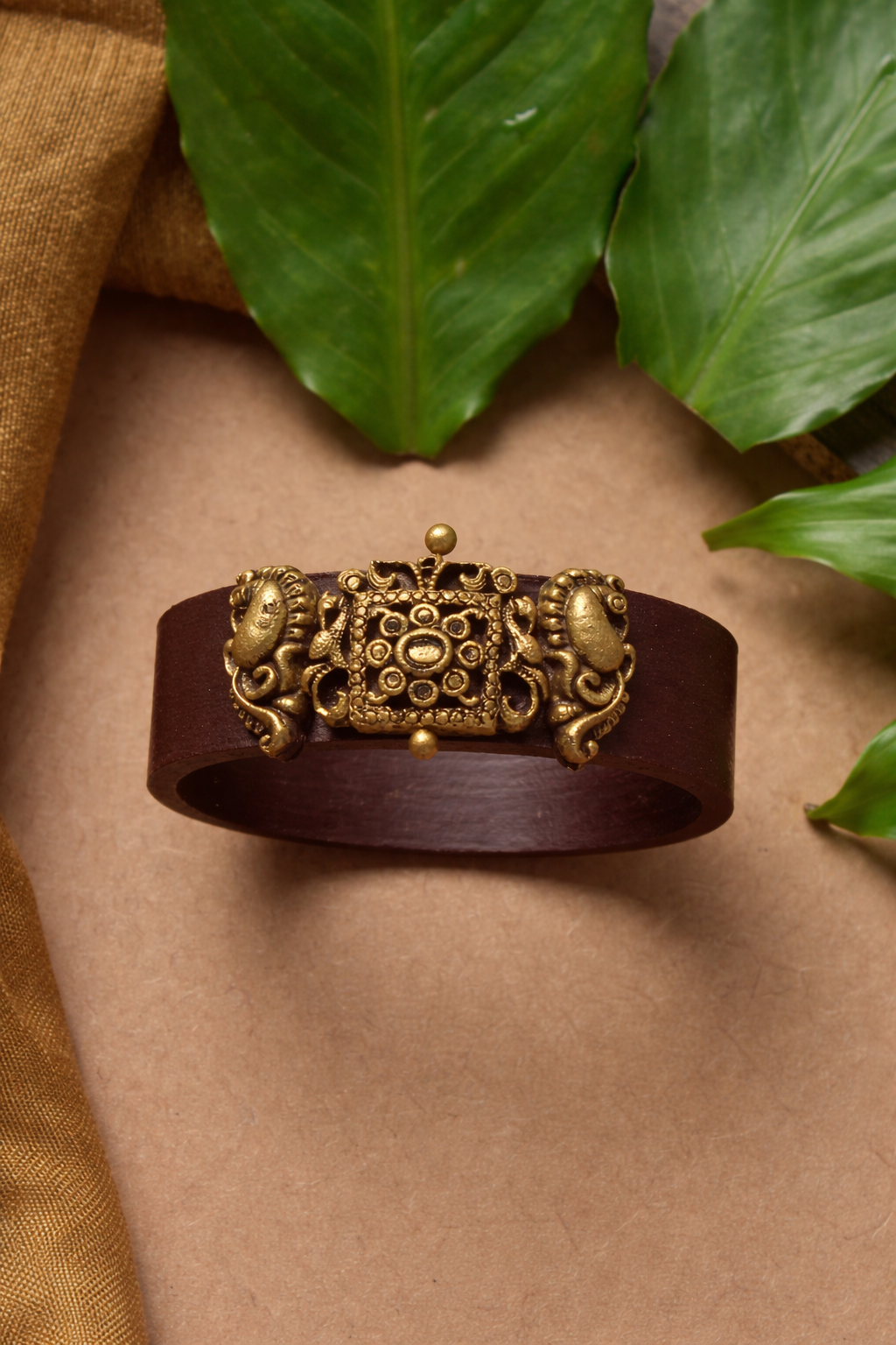 Coco Kada — Mocha Brown Bangle with Antique Gold Kada Style Peacock Design
