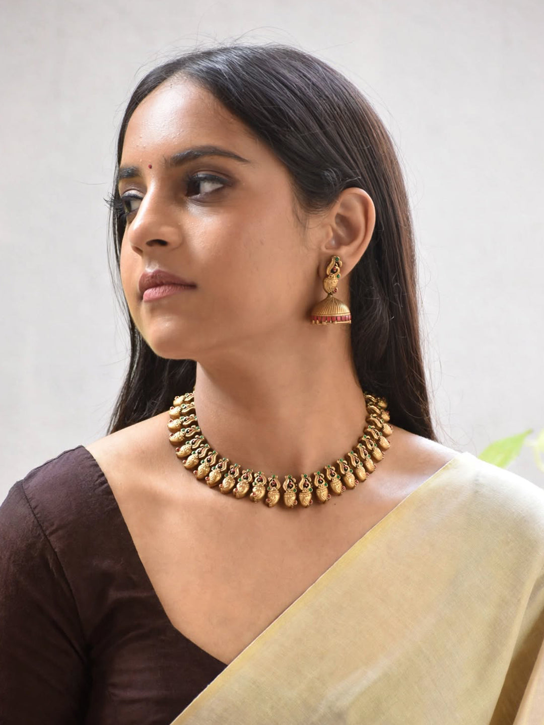 Terracotta Peacock Motif Necklace with Antique Gold Finish & Matching Stud Earrings
