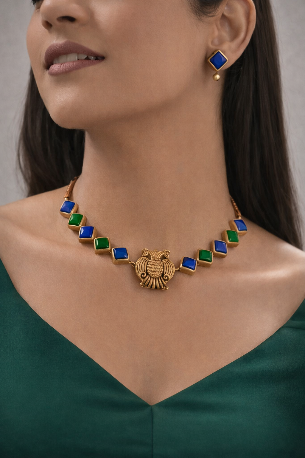 Emerald Azure Alterna 💙 — Gandaberunda Alternating Blue & Green Statement Necklace Set