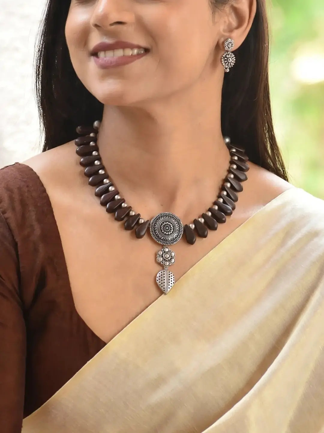 Tejal - lustrous Brown & Silver Fusion Handmade Terracotta Statement Necklace Set