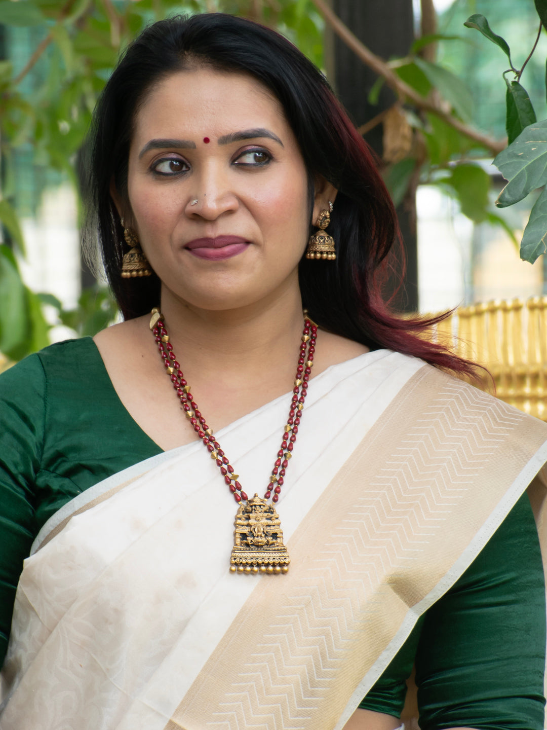 Terracotta Ruby Red & Emerald Green Floral Lakshmi Long Necklace Set