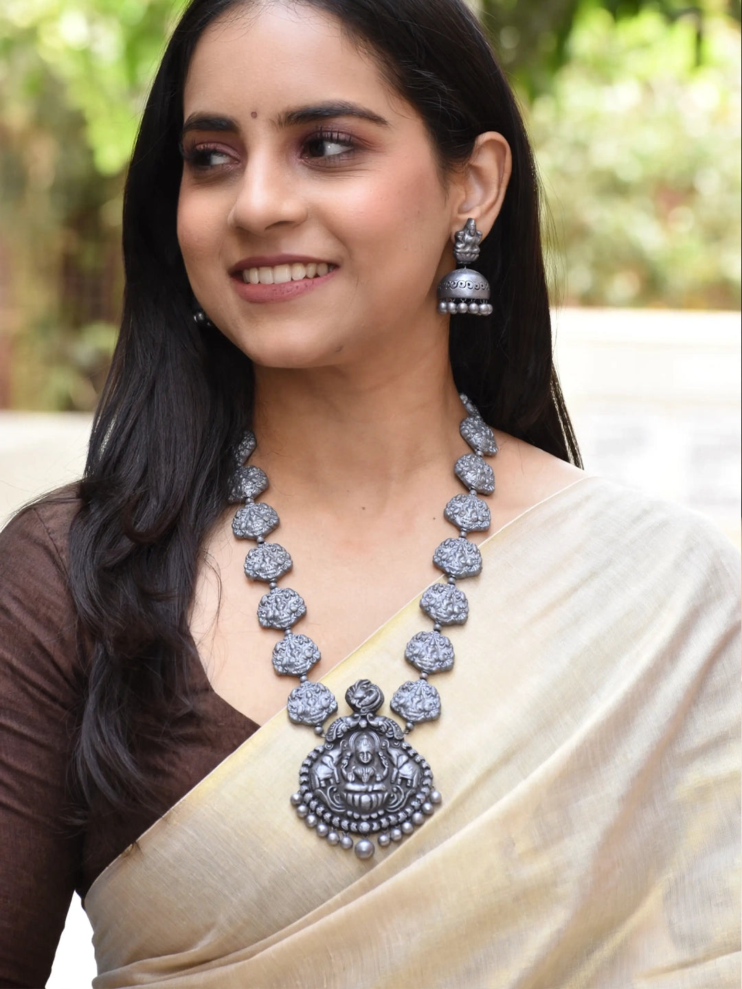 Antique Silver Toned Lakshmi Design Pendant Terracotta Temple Necklace Set