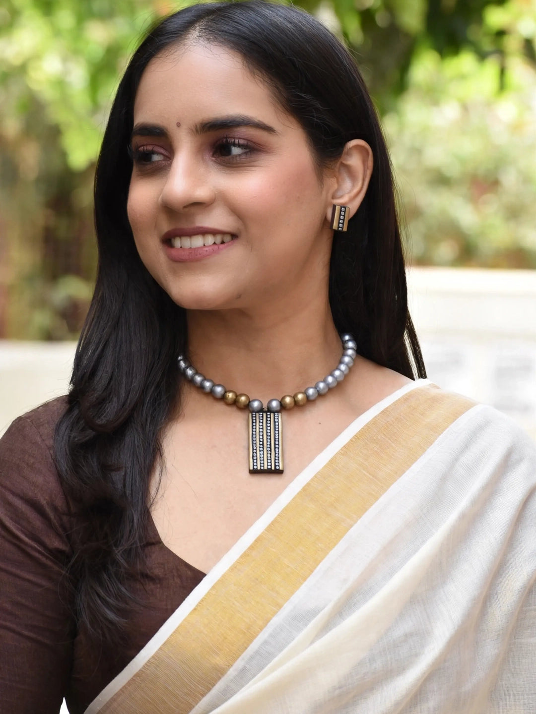 Dual Toned Rectangular Shape Pendant Silver And Gold Color Beads Terracotta Necklace Set