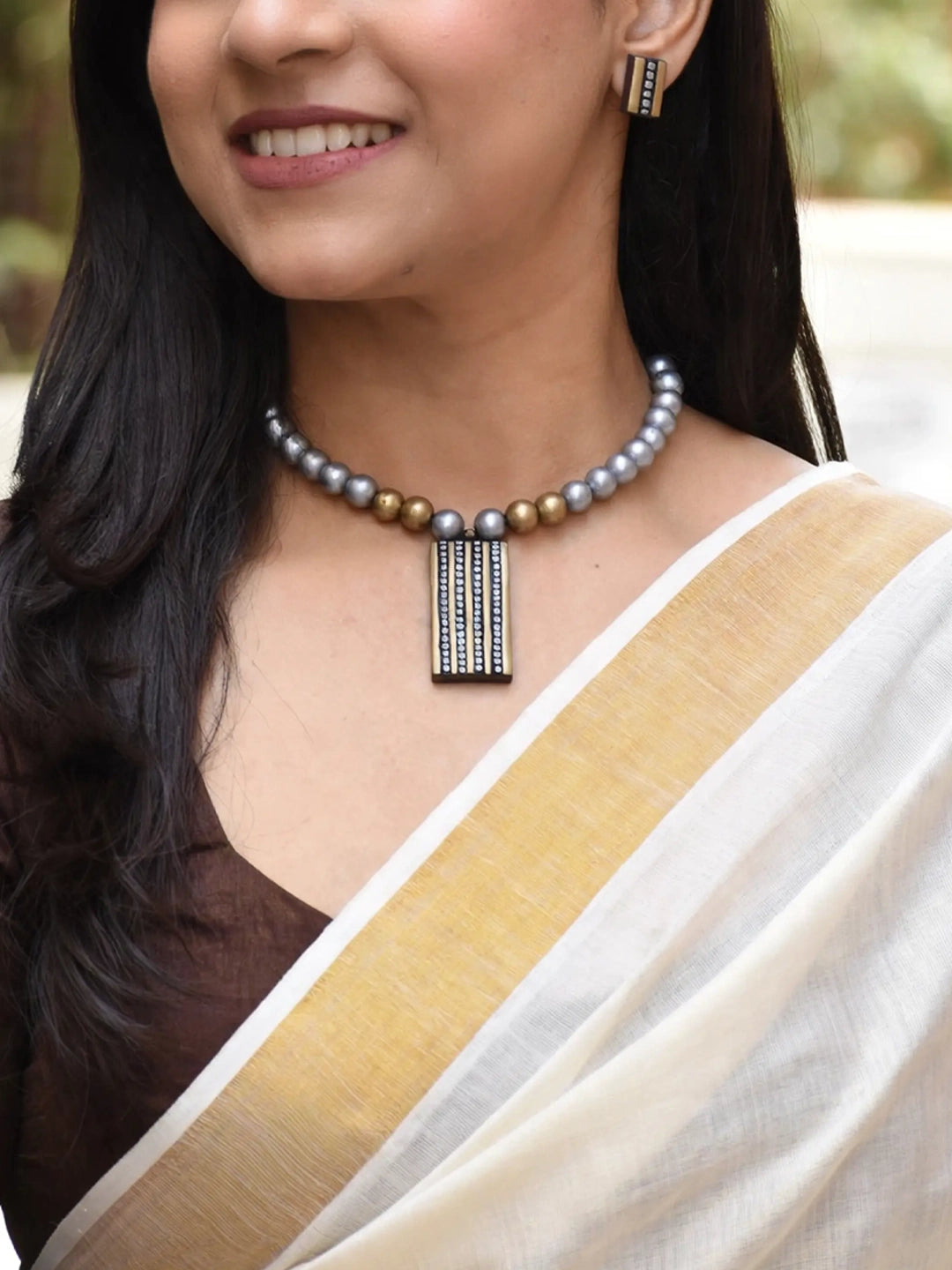 Dual Toned Rectangular Shape Pendant Silver And Gold Color Beads Terracotta Necklace Set