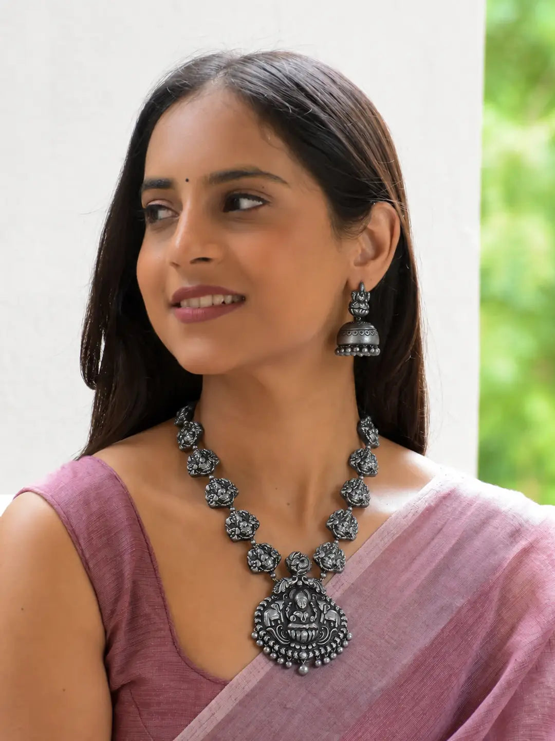 Silver Color Lakshmi Design Terracotta Temple Necklace Set