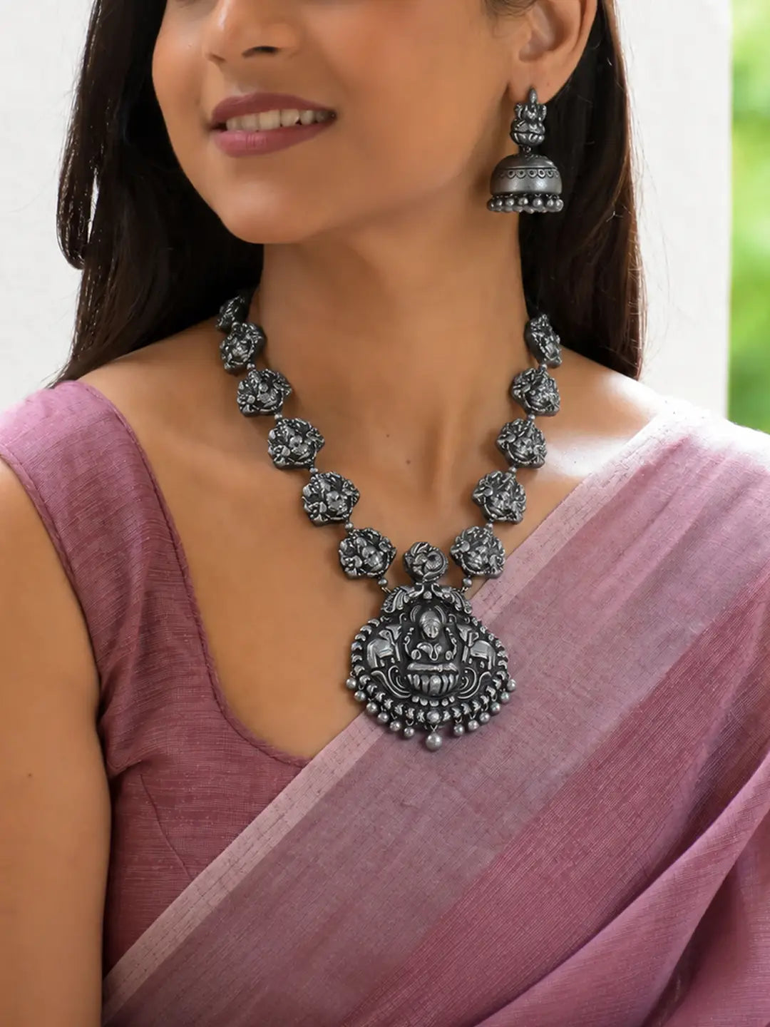 Silver Color Lakshmi Design Terracotta Temple Necklace Set