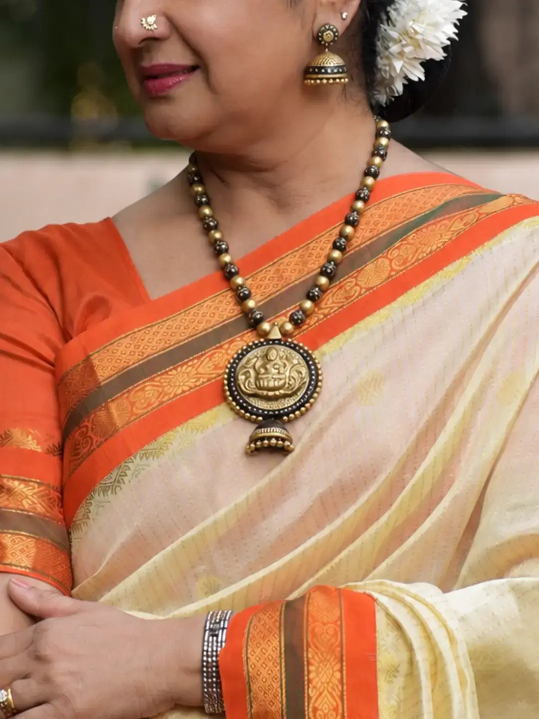 Gold and Black Color Lakshmi Design Handmade Terracotta Temple Necklace Set