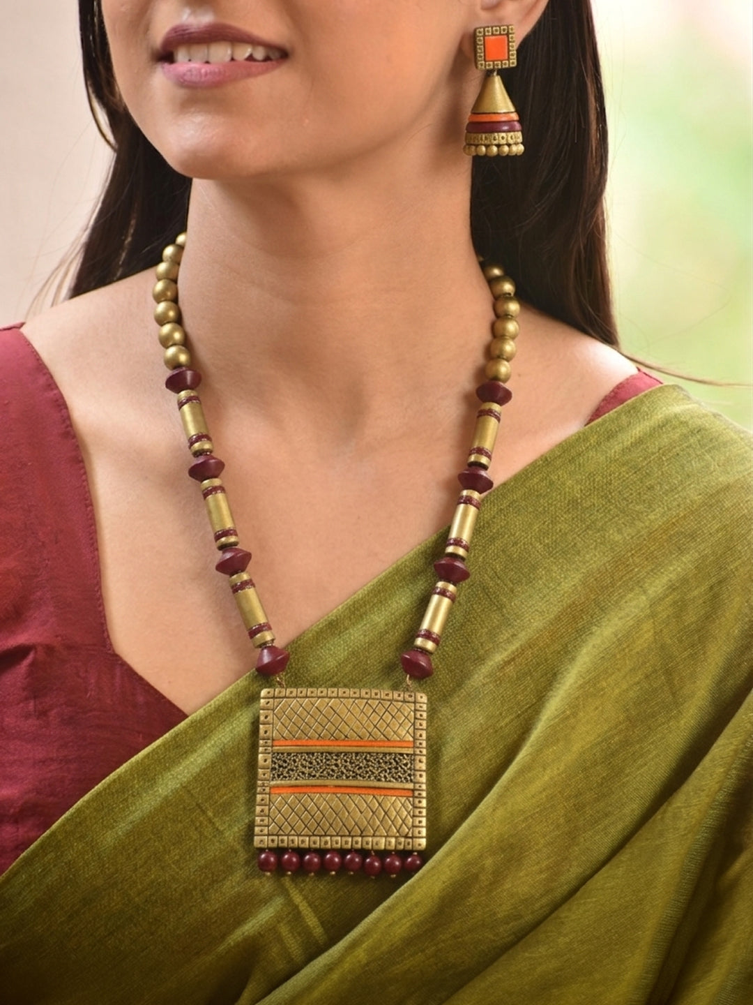 Maroon And Gold Color Square Shape Terracotta Necklace Set