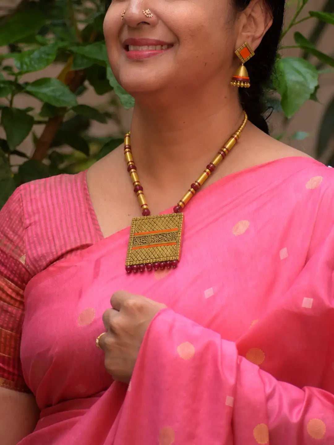 Maroon And Gold Color Square Shape Terracotta Necklace Set