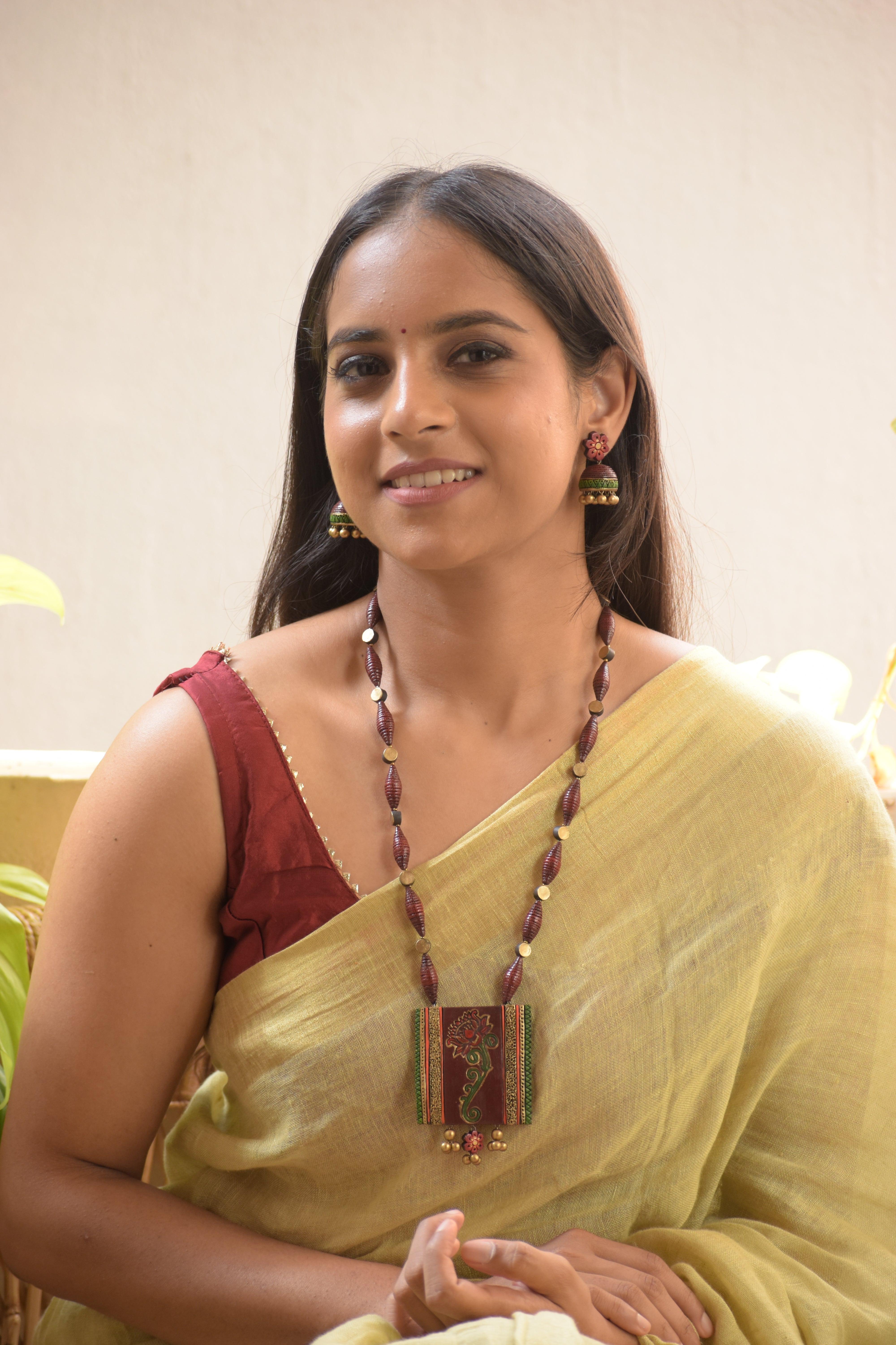 Padmara  - Handmade Terracotta Block Pendant Necklace Set with Lotus Art and Red Beads and Matching Earrings