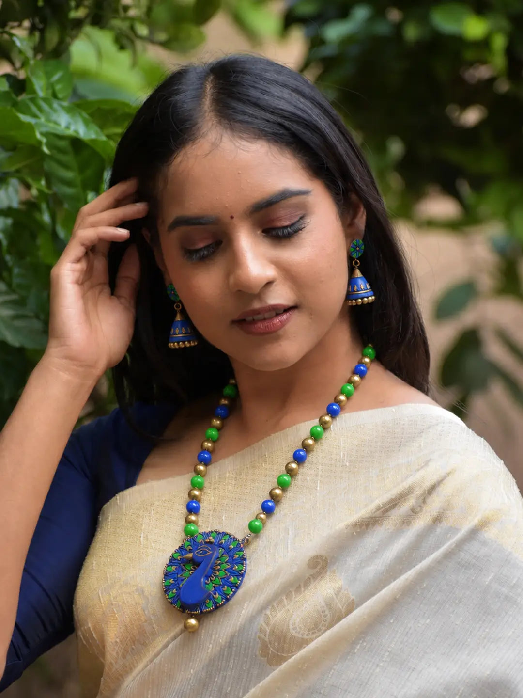 Peacock Design Hand Painted Finish Terracotta Jewelry Set