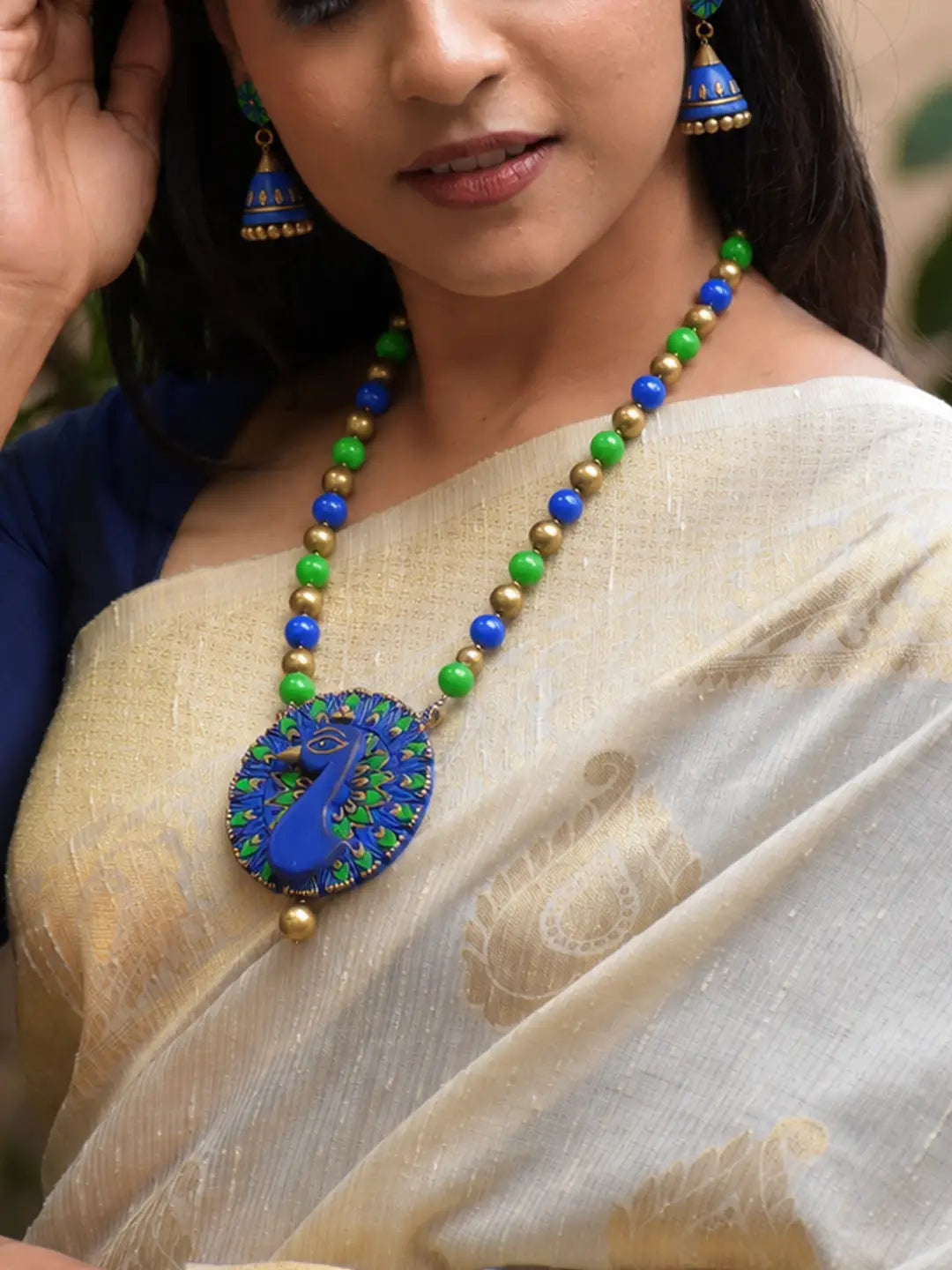 Peacock Design Hand Painted Finish Terracotta Jewelry Set