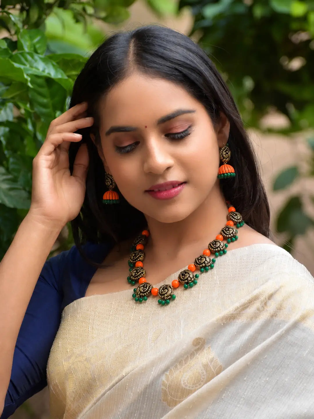 Designer Handmade Terracotta Antique Gold Color Peacock Design Choker Necklace Set