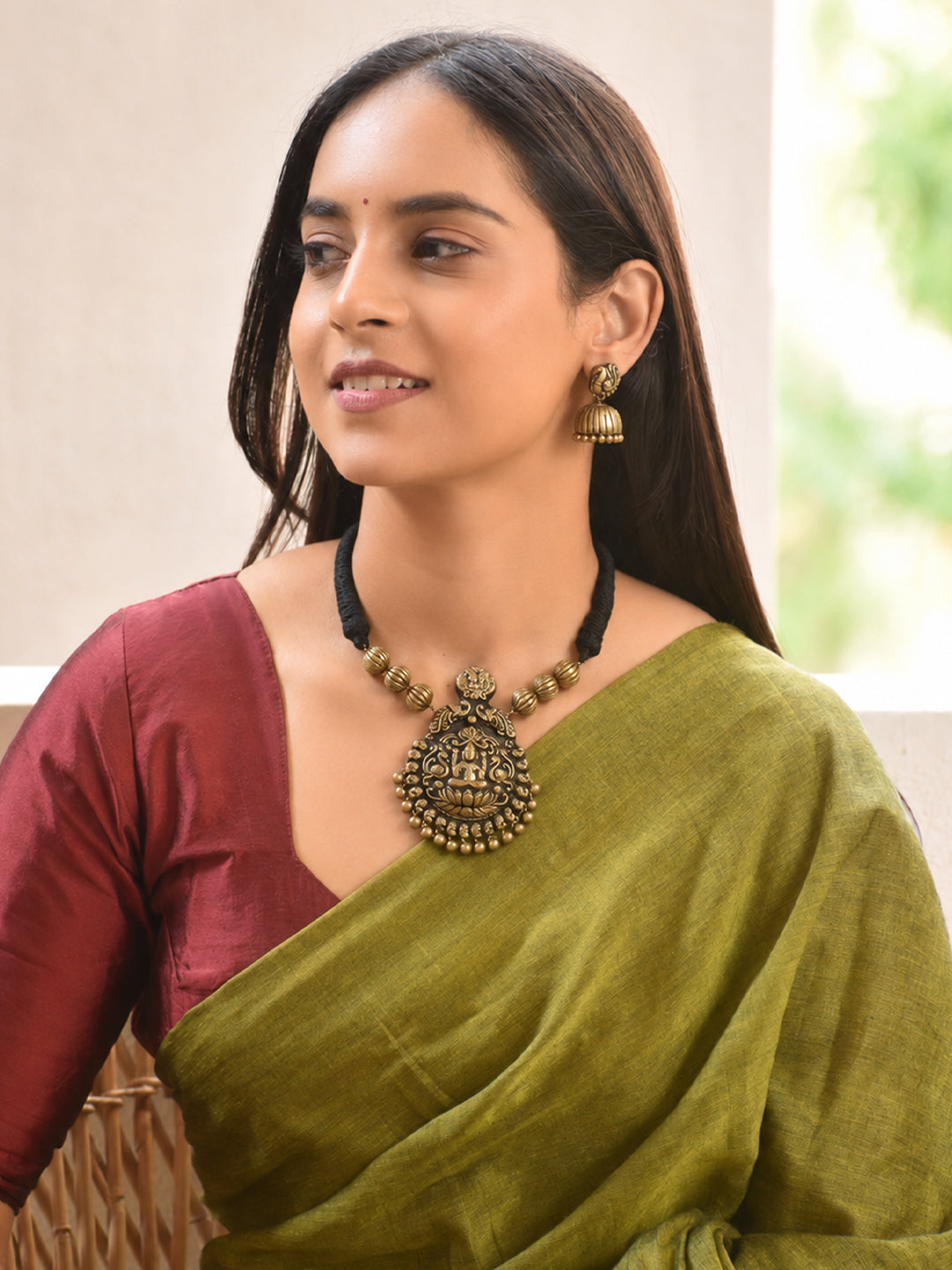 Shreesutra — Designer Handmade Gold Plated Lakshmi Design Pendant Choker Handmade Terracotta Necklace Set