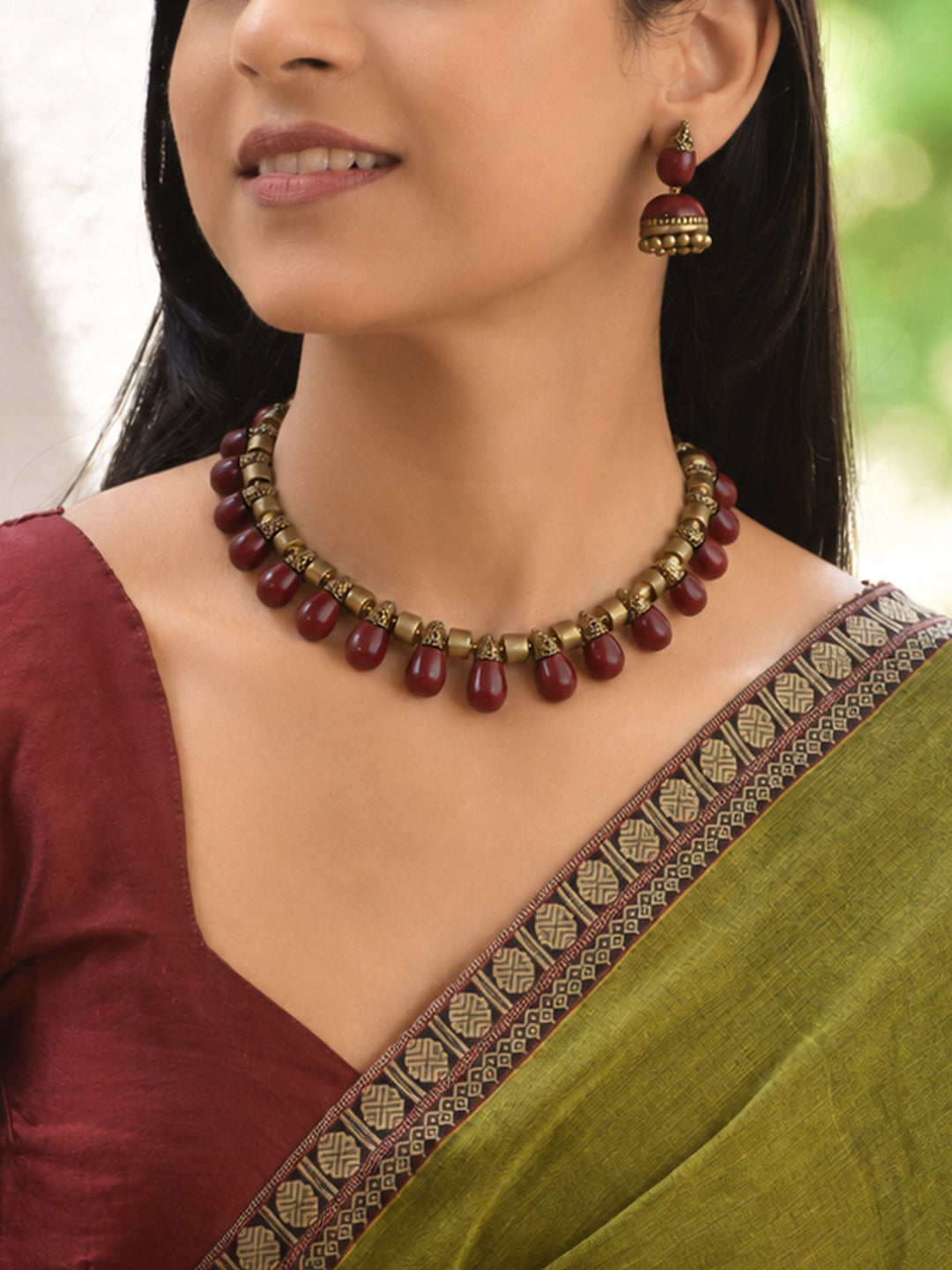 Kanmani - Tear Drop Design Handmade Terracotta Maroon Colour Choker Necklace Set
