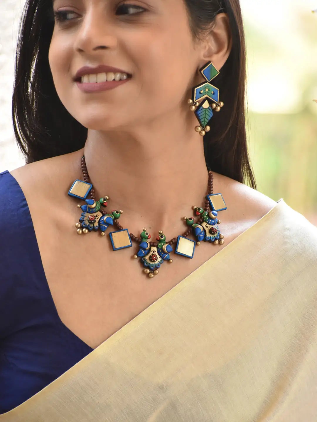 Bird Design Hand Painted Terracotta Jewelry Set