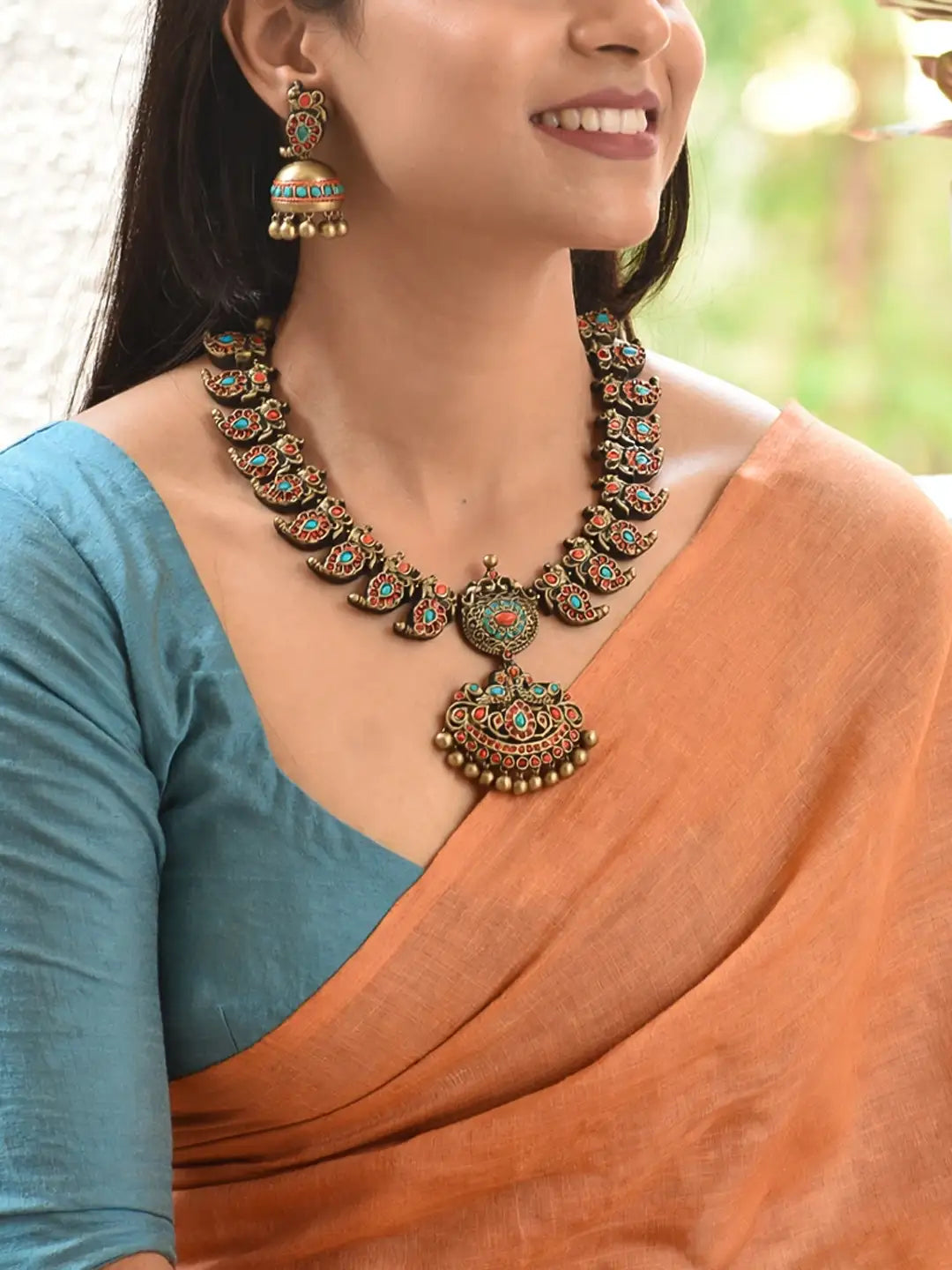 Peacock Design Hand Painted Terracotta Jewelry Set