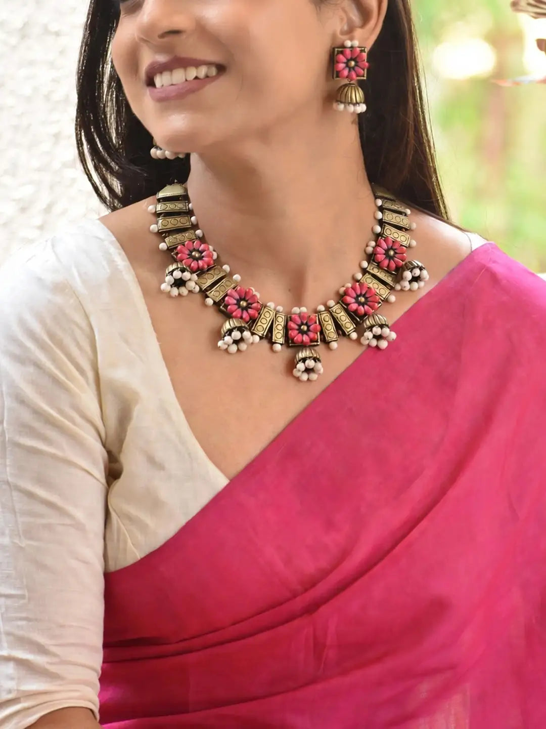 Flower Design Hand Painted Terracotta Jewelry Set