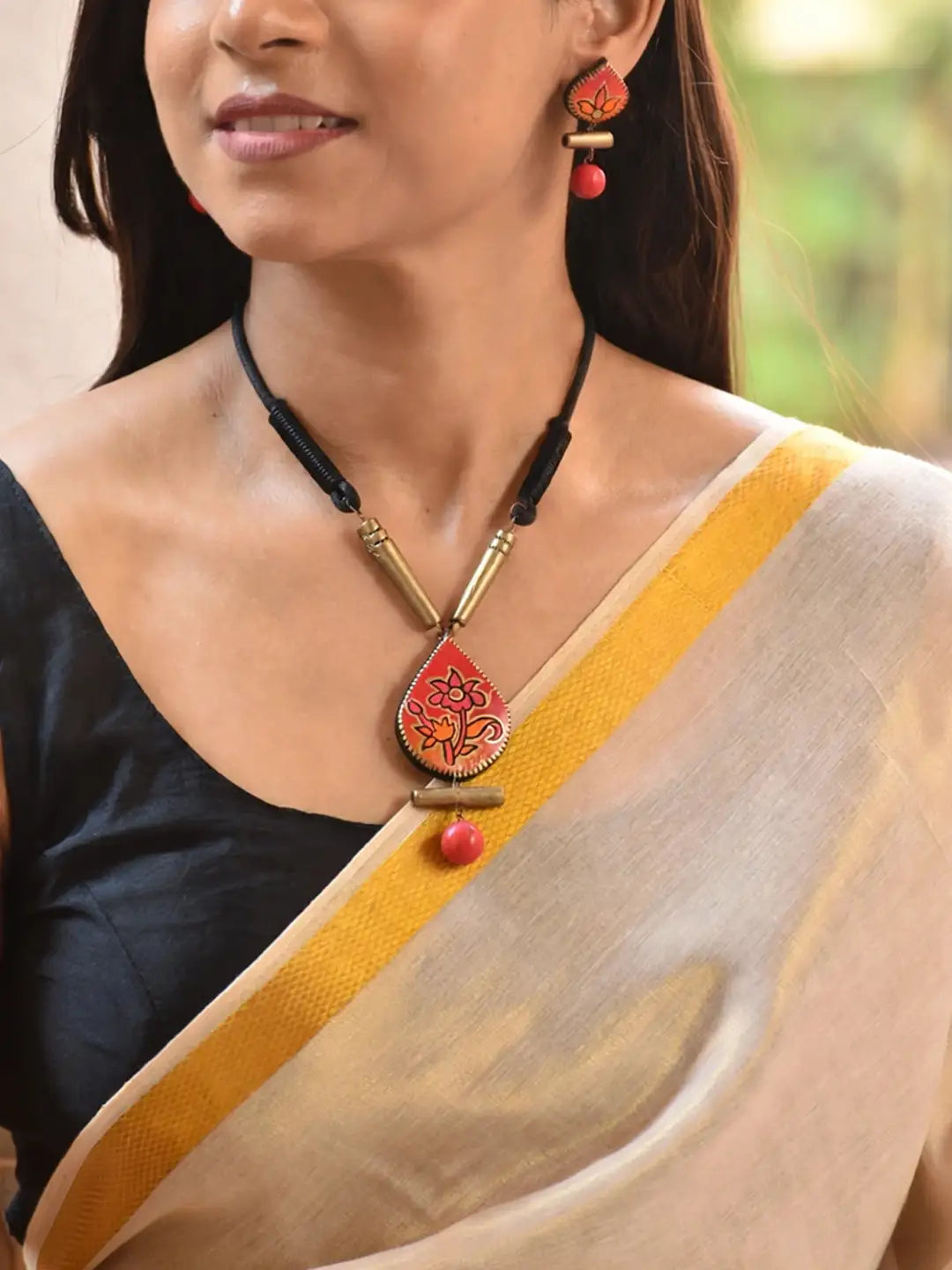 Tear Drop Design Hand Painted Terracotta Jewelry Set