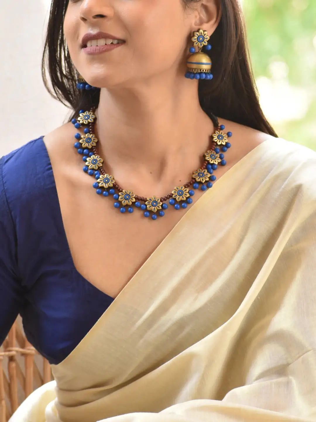 Flower Design Hand Painted Terracotta Jewelry Set