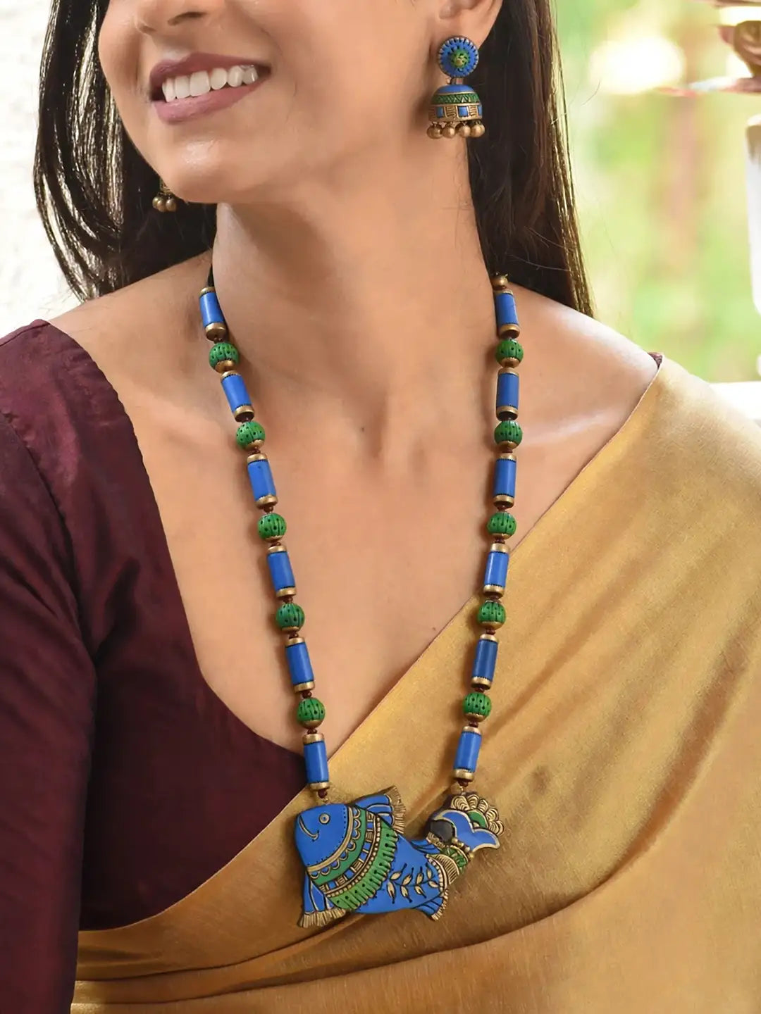Fish Design Hand Painted Finish Terracotta Jewellery Set