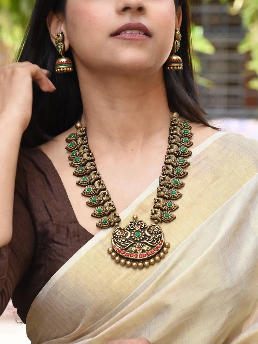 Peacock Design Hand Painted Finish Terracotta Jewellery Set in Antique Gold Green and Red