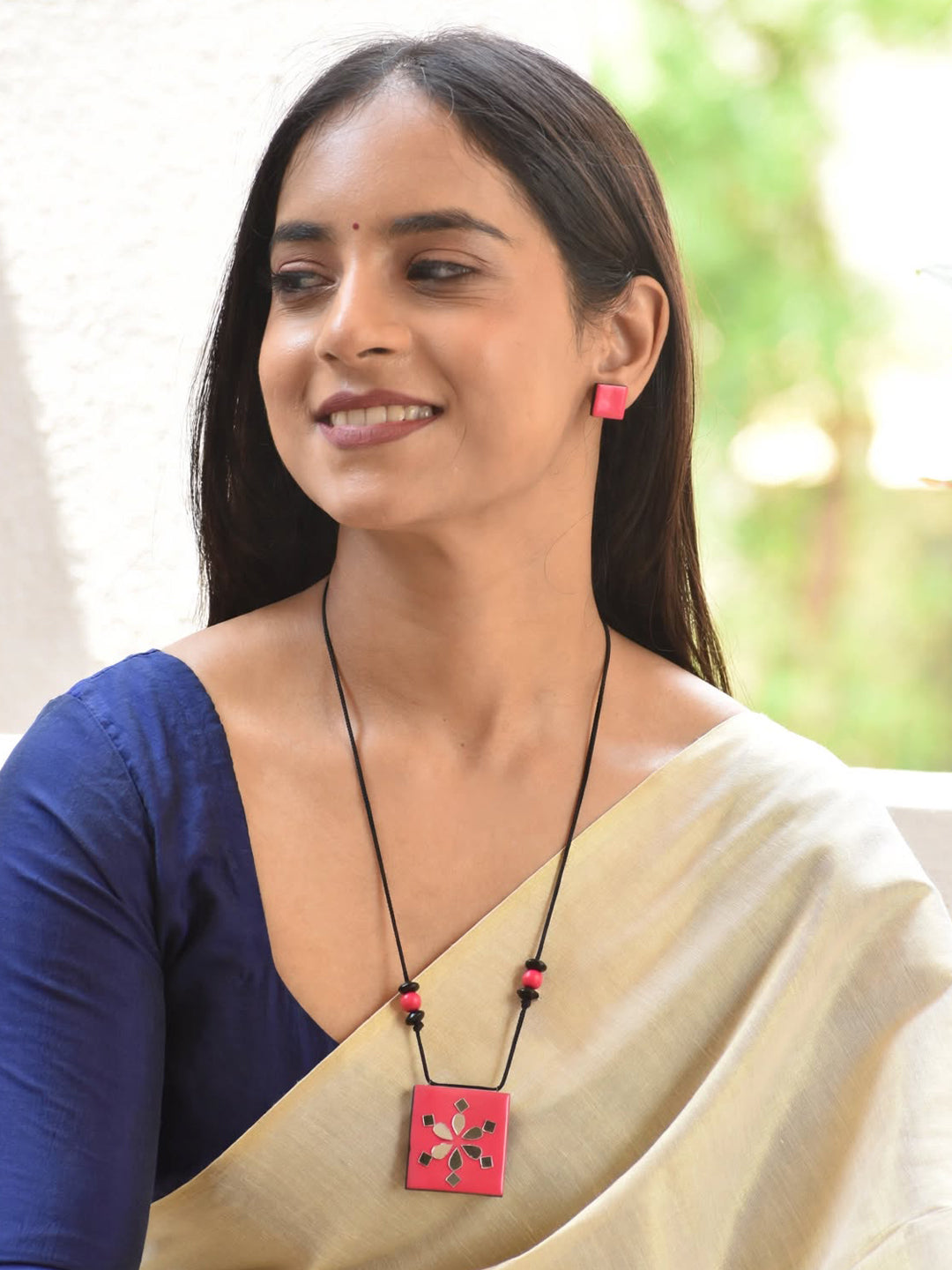 Pink Geometric Square Design Mirror Work Minimalistic Handmade Terracotta Necklace Set