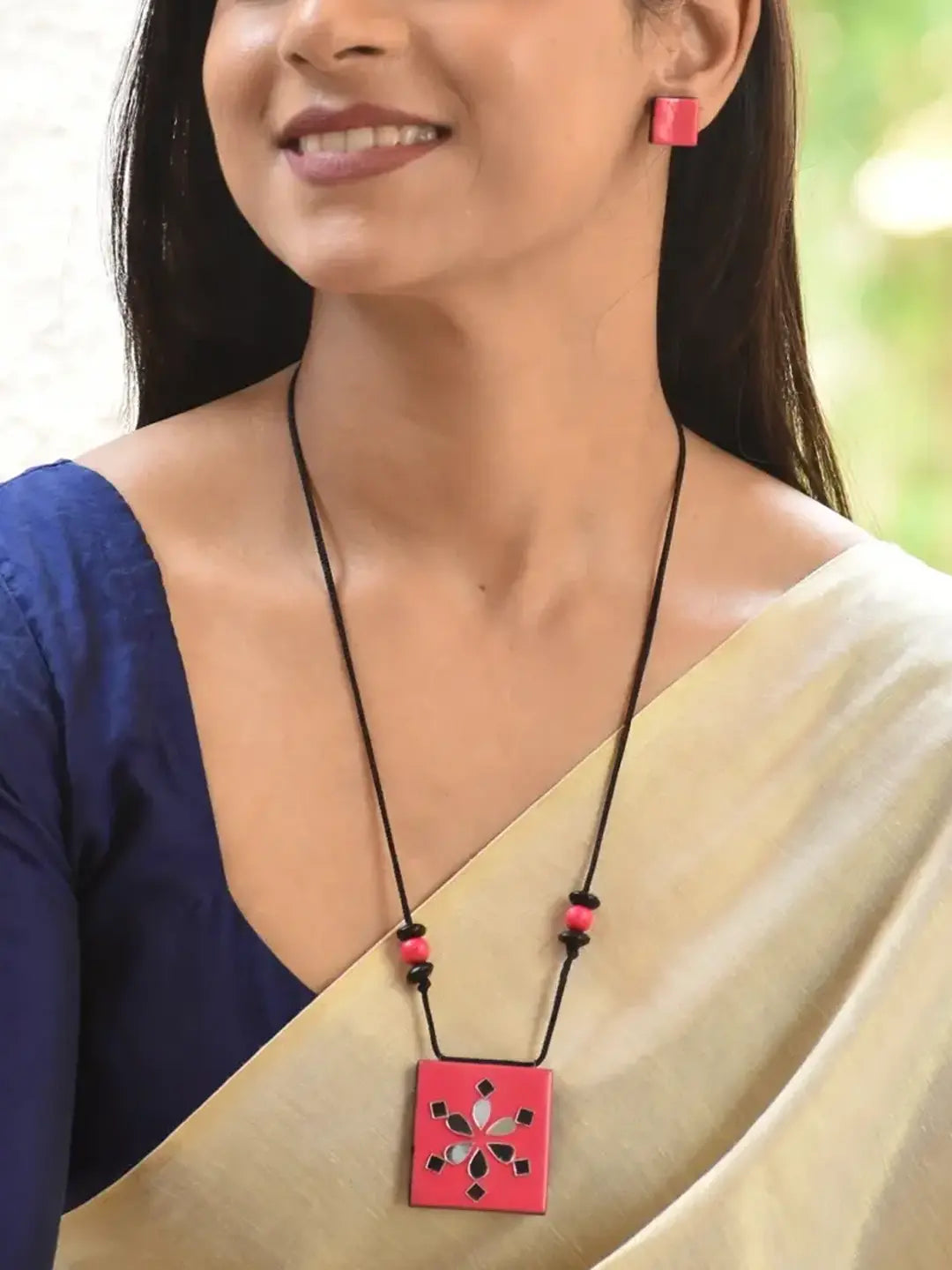 Pink Geometric Square Design Mirror Work Minimalistic Handmade Terracotta Necklace Set