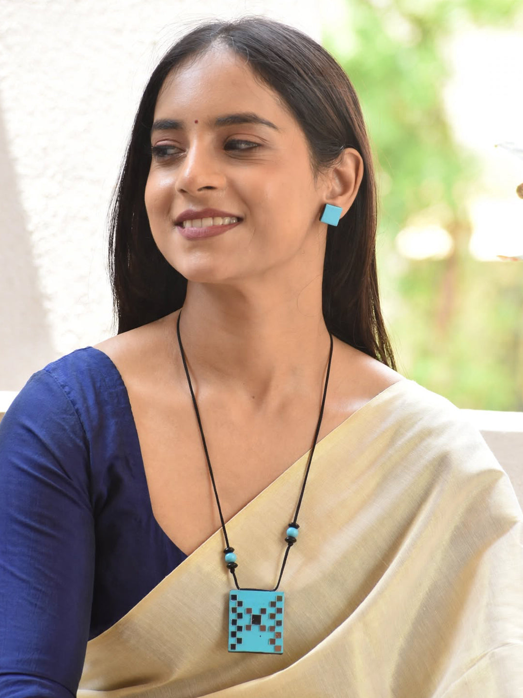 Sky Blue Geometric Square Design Mirror Work Minimalistic Handmade Terracotta Necklace Set
