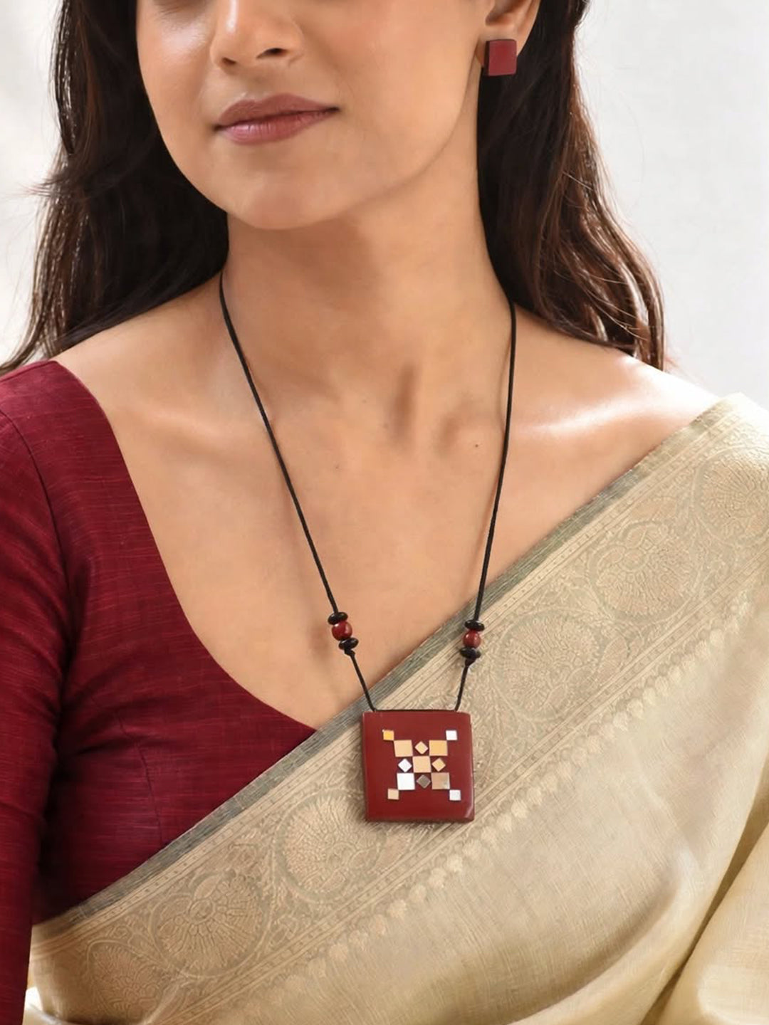 Maroon Geometric Square Design Mirror Work Minimalistic Handmade Terracotta Necklace Set