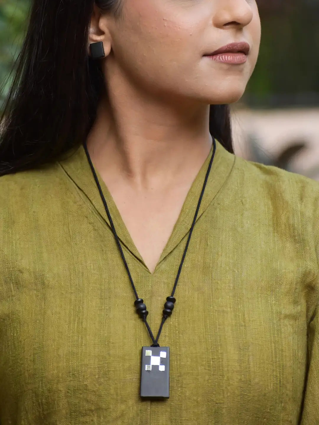 Black Geometric Rectangular Shape Mirror Work Minimalistic Handmade Terracotta Necklace Set