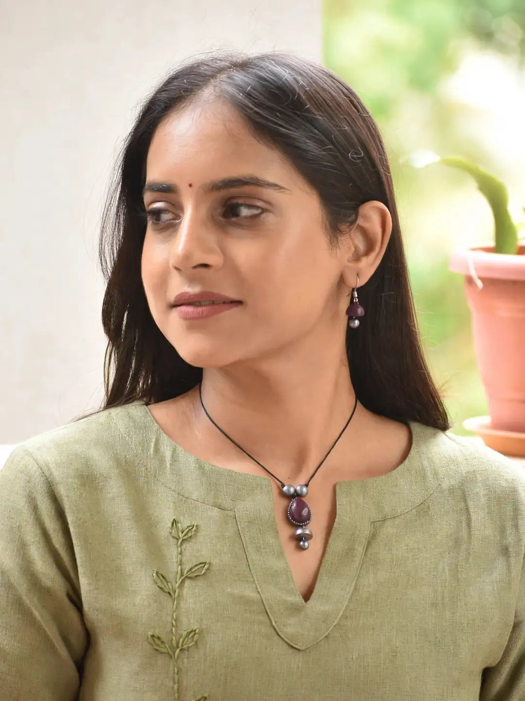 Wine Pear Style Jhumka Design Handmade Terracotta Necklace Set
