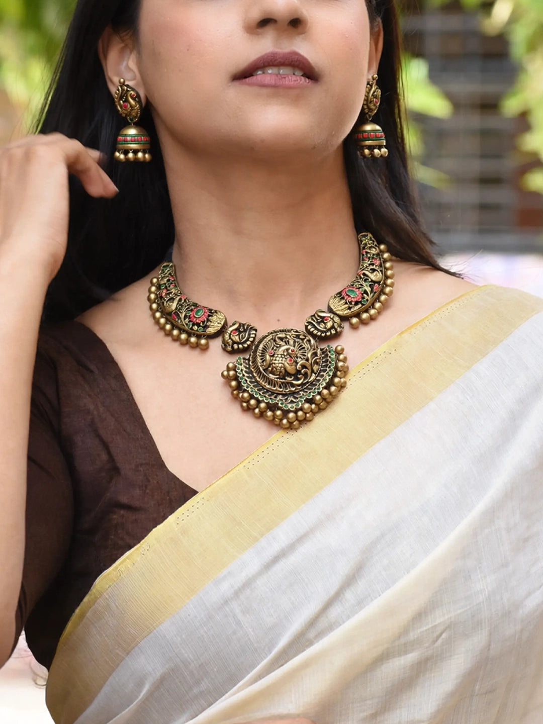 Antique Gold Red Green Peacock Design Rajwadi Style Hasli Terracotta Necklace Set