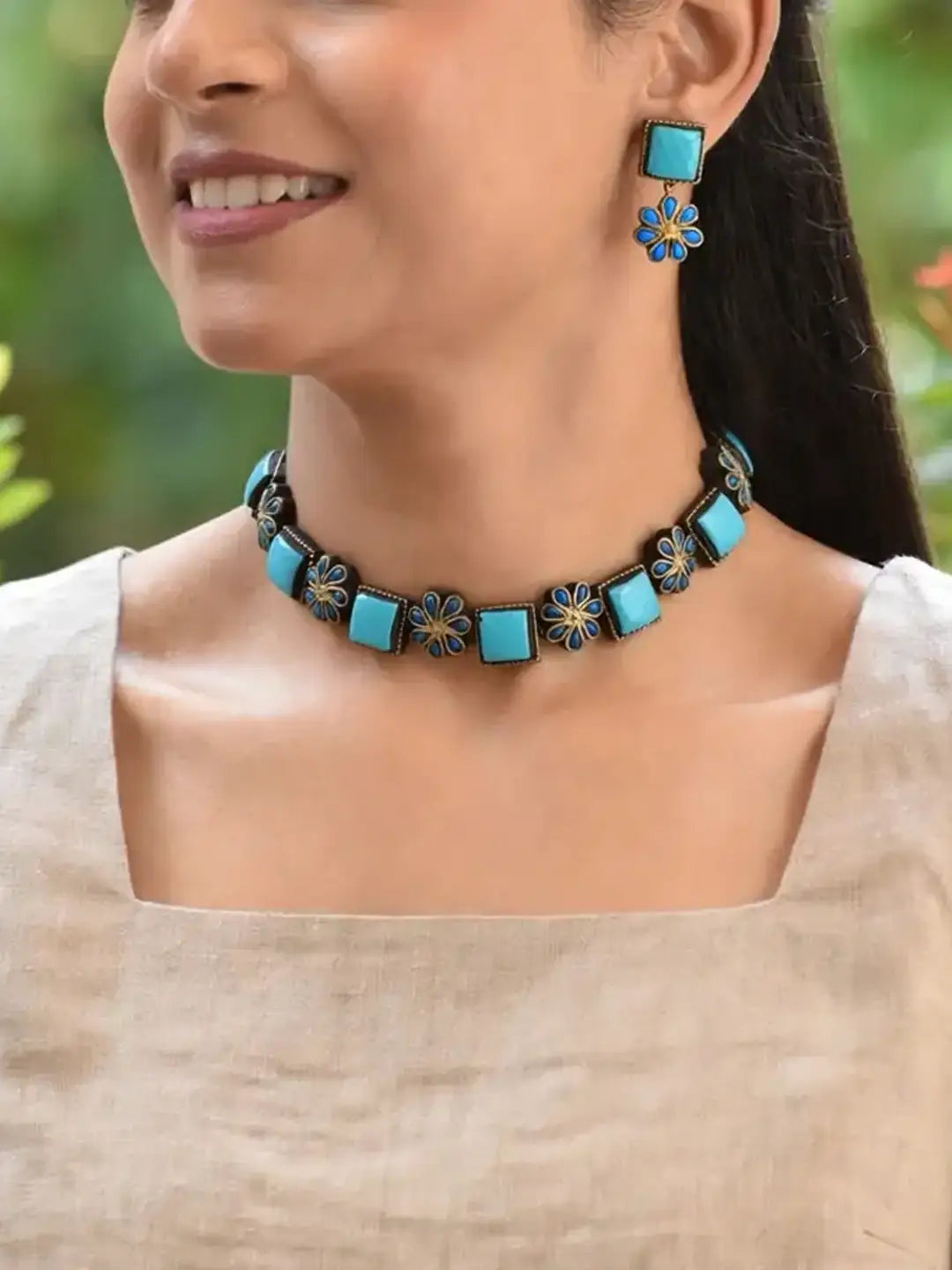 Antique Silver Blue Flower and Square Design Handmade Terracotta Necklace Set