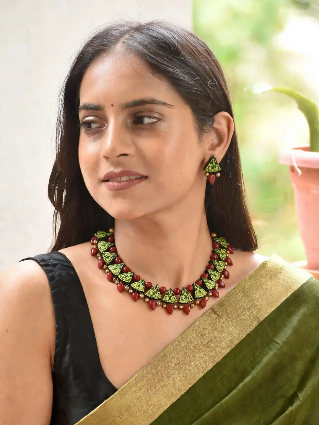 Triangular Design Antique Gold Light Green and Sap Green Handmade Terracotta Necklace Set