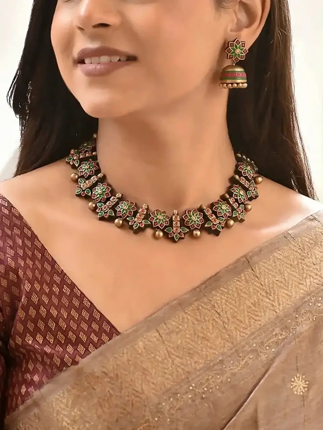 Vasanti — Floral Design Antique Gold Green and Red Handmade Terracotta Necklace Set