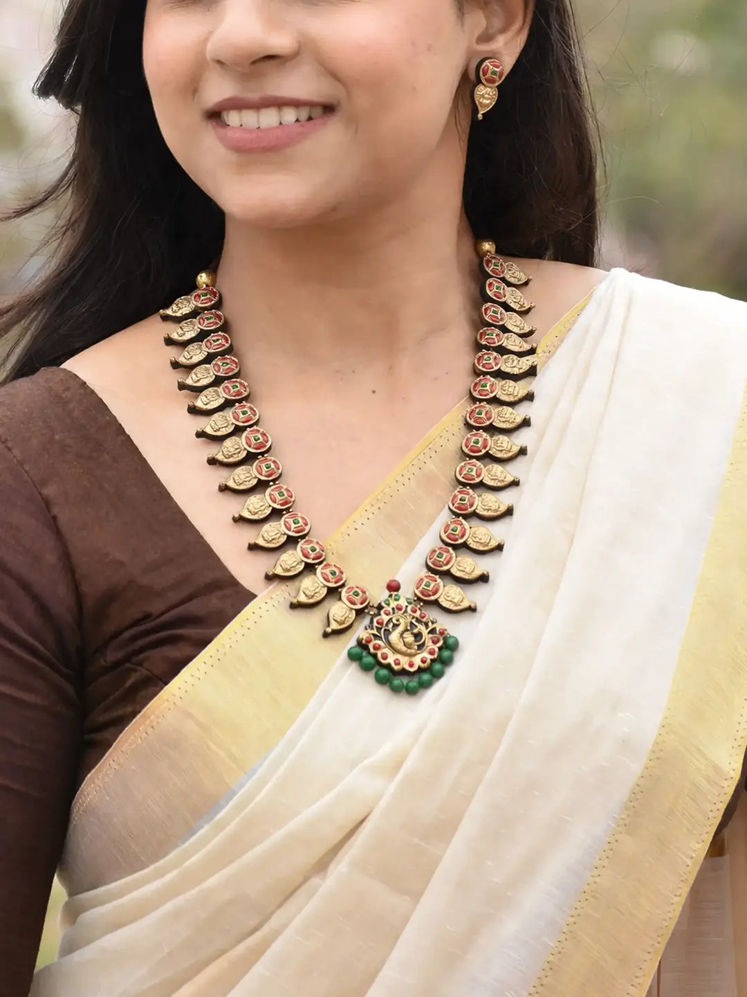 Lakshmi Coin Leaf Peacock Design Antique Gold Red Green Long Haram Handmade Terracotta Temple Necklace Set